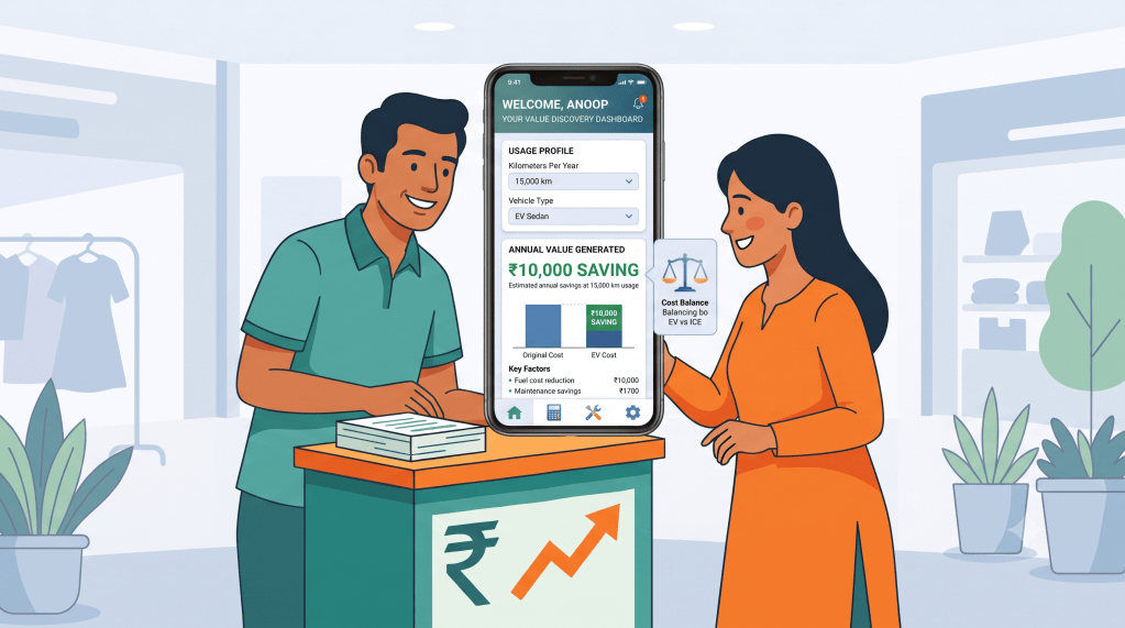 A smiling man at a counter using a mobile app displaying savings data for electric vehicle usage, while a woman looks on, both surrounded by a retail environment.
