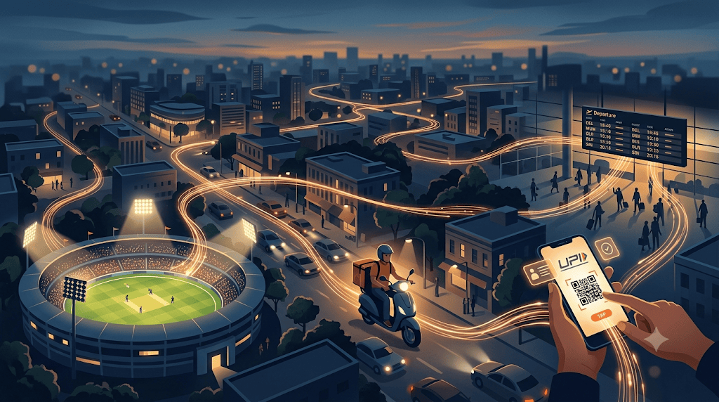 An urban landscape at night featuring a busy street, a cricket stadium illuminated by floodlights, and people moving towards a departure board. A person holds a smartphone displaying a QR code, while a motorcyclist navigates through the city.